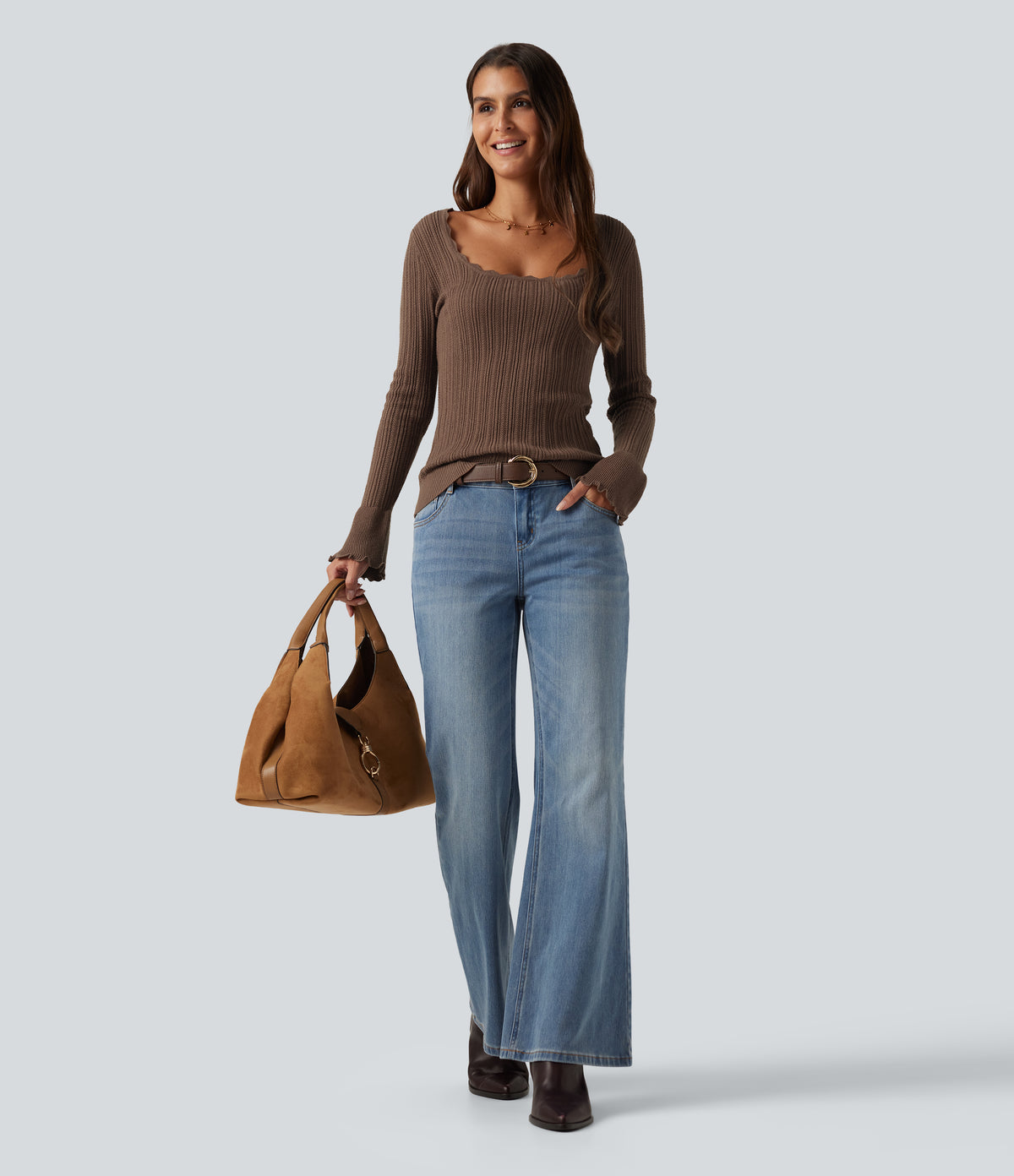 Square Neck Long Sleeve Casual Jumper — Maple Spice — view 8