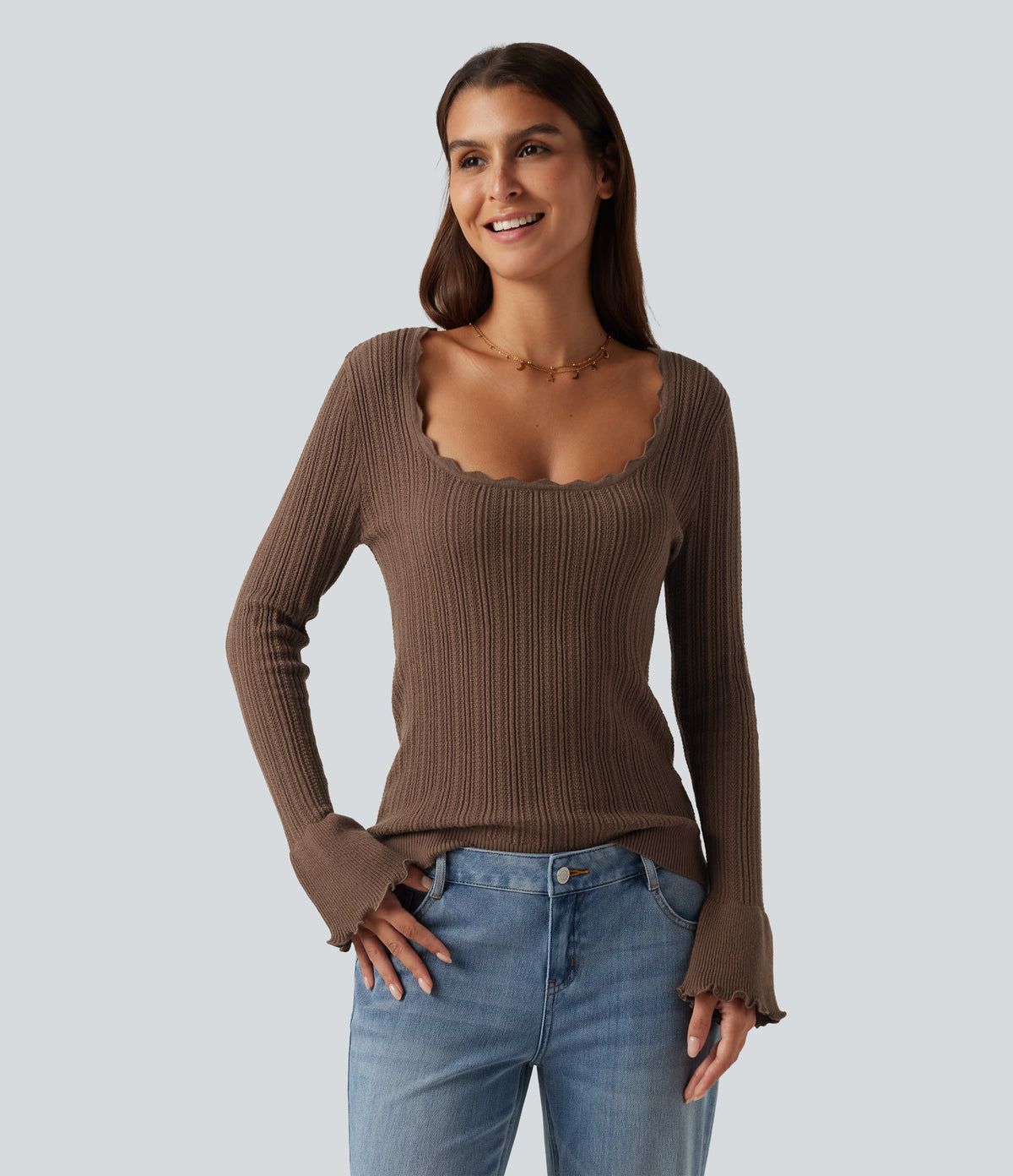 Square Neck Long Sleeve Casual Jumper — Maple Spice — view 4