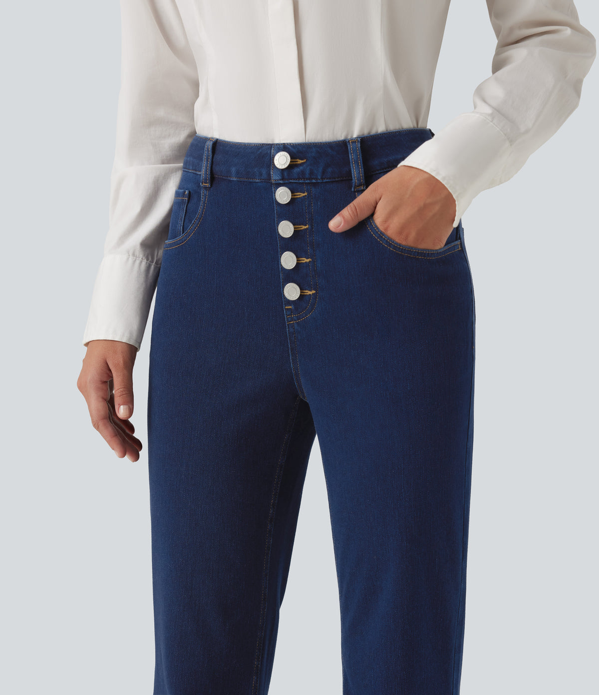 Mid Rise Flare Casual Jeans with Pockets — Pageant Blue Denim — view 5