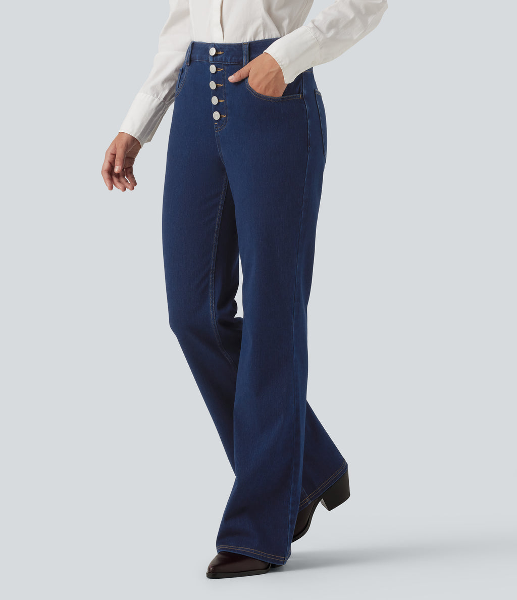 Mid Rise Flare Casual Jeans with Pockets — Pageant Blue Denim — view 3