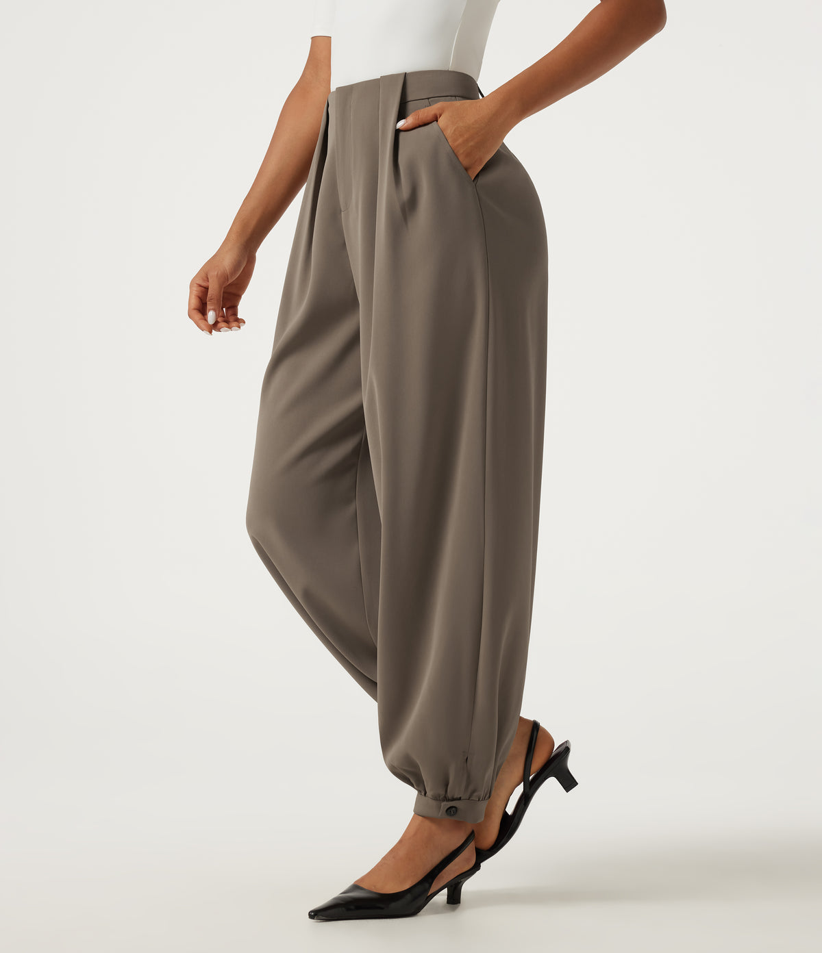 High Waisted Casual Bloomer Trousers with Pockets — Coffee Quartz — view 4