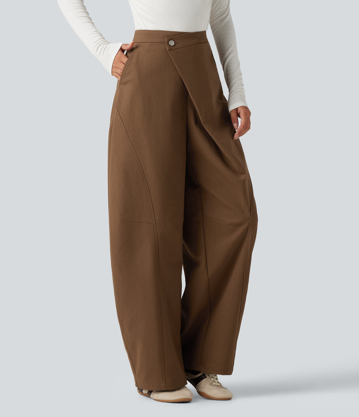 Mid Rise Asymmetric Baggy Casual Trousers with Pockets — Nuthatch — view 3