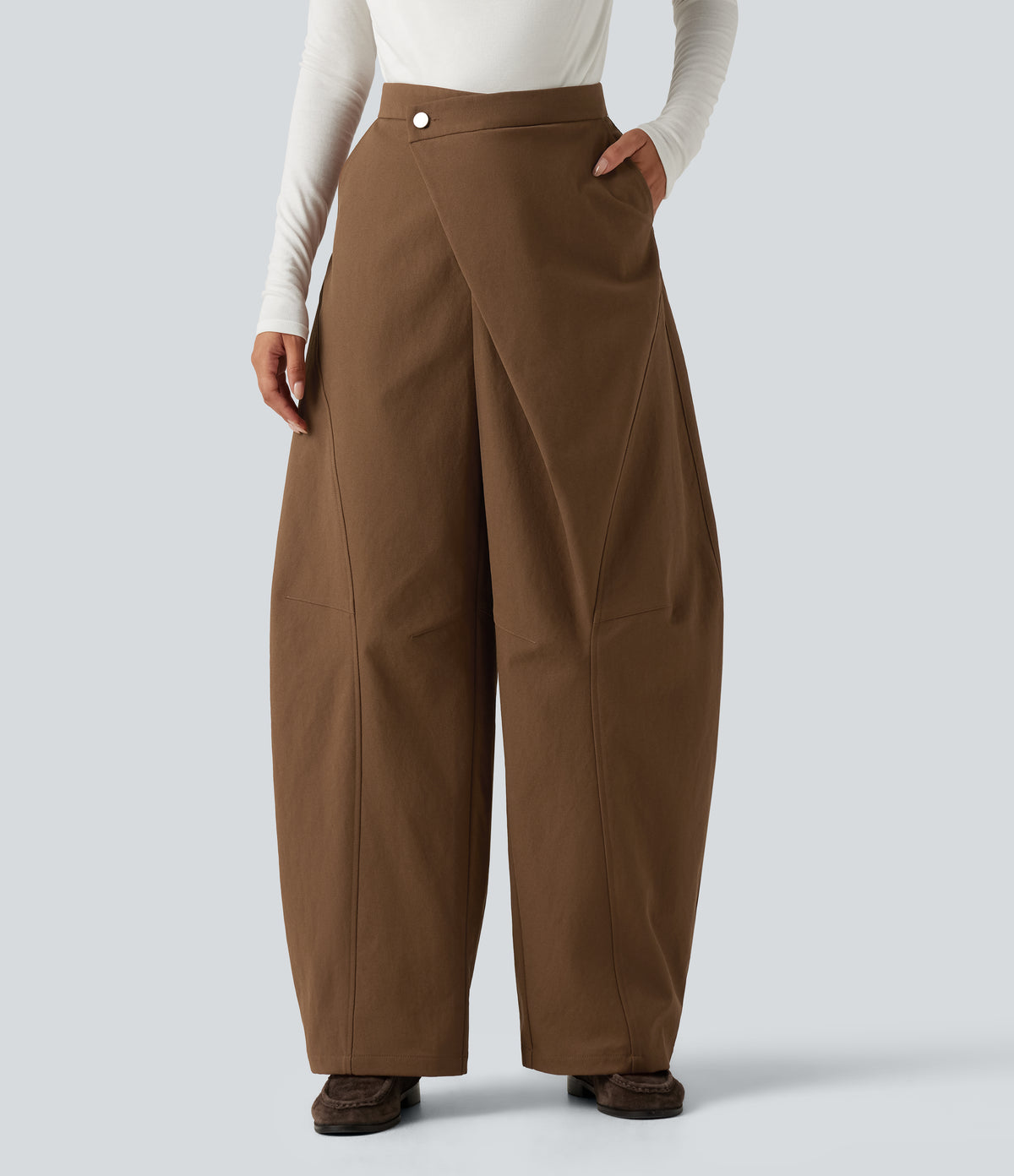 Mid Rise Asymmetric Baggy Casual Trousers with Pockets — Nuthatch — view 4