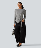 Boat Neck Long Sleeve Tie Side Uneven Hem Casual T-Shirt — Mottled Light Grey — view 7