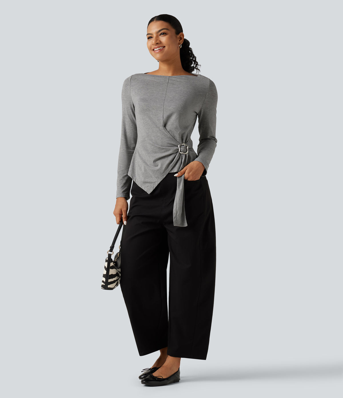 Boat Neck Long Sleeve Tie Side Uneven Hem Casual T-Shirt — Mottled Light Grey — view 7