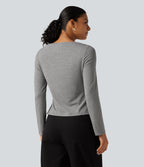 Boat Neck Long Sleeve Tie Side Uneven Hem Casual T-Shirt — Mottled Light Grey — view 2