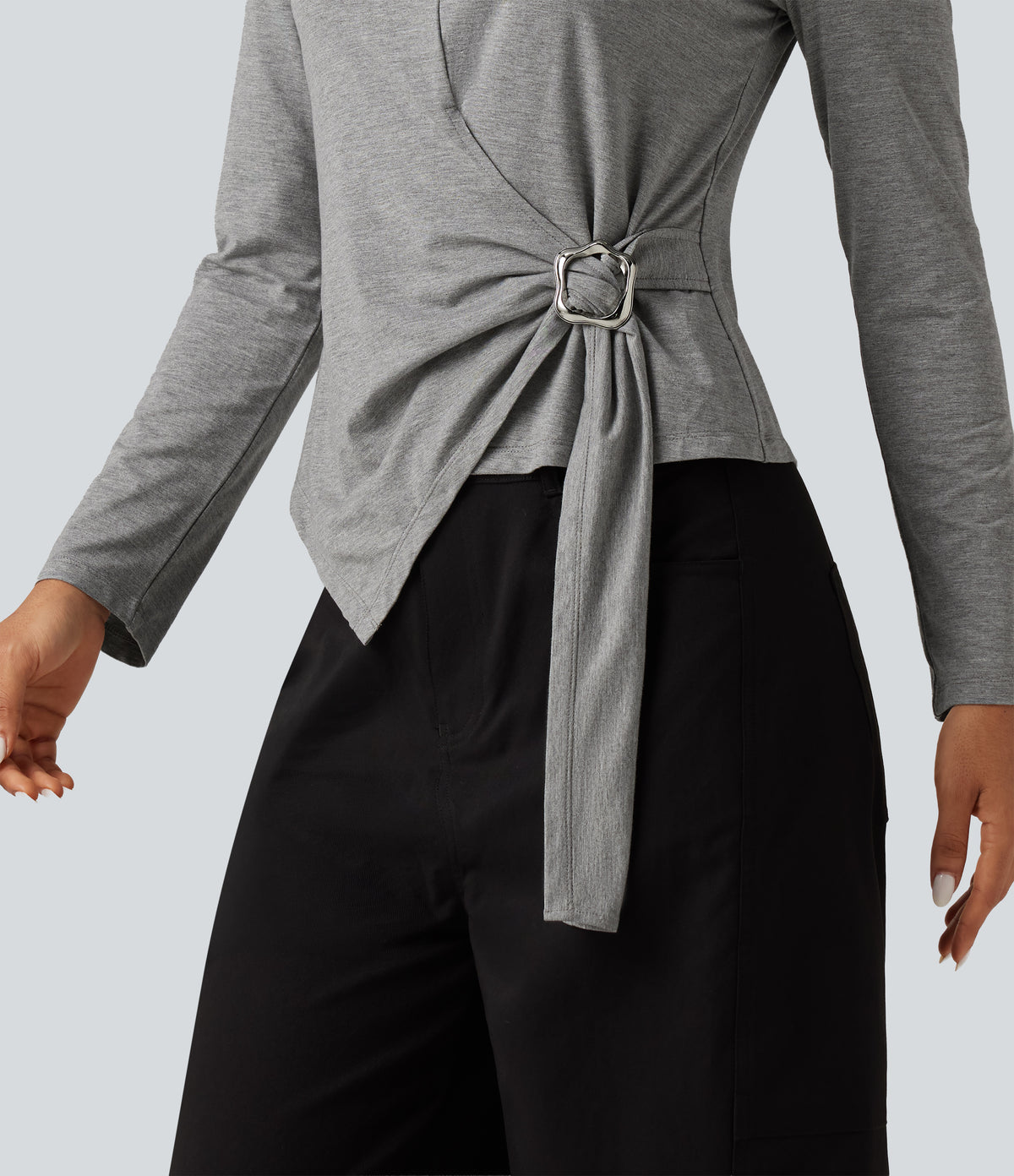 Boat Neck Long Sleeve Tie Side Uneven Hem Casual T-Shirt — Mottled Light Grey — view 5