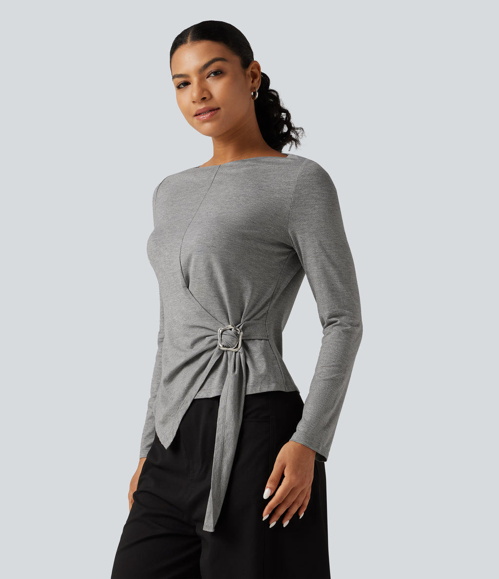 Boat Neck Long Sleeve Tie Side Uneven Hem Casual T-Shirt — Mottled Light Grey — view 3