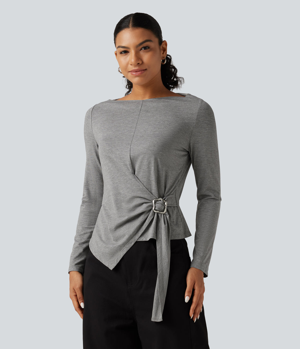Boat Neck Long Sleeve Tie Side Uneven Hem Casual T-Shirt — Mottled Light Grey — view 4