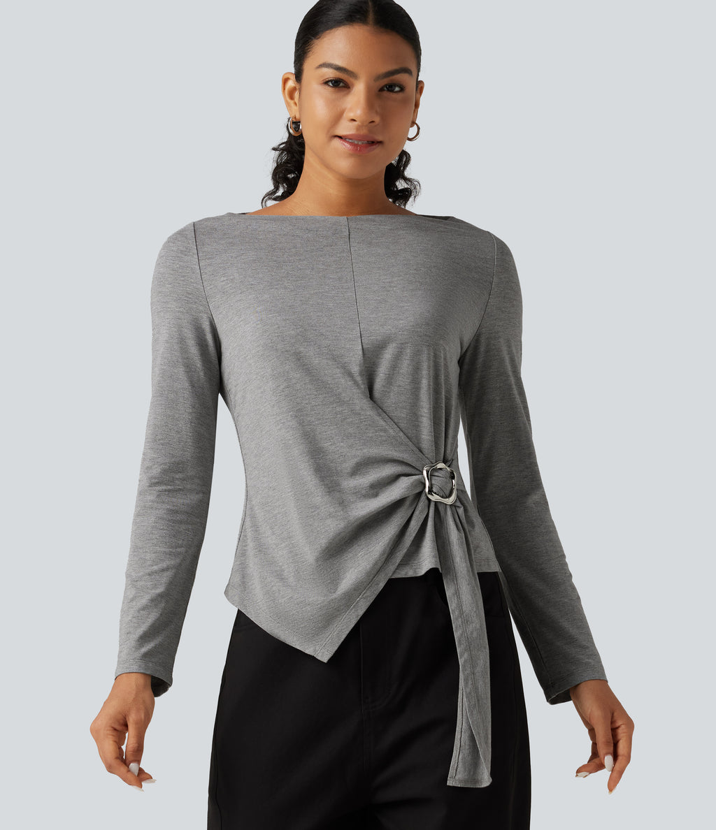 Boat Neck Long Sleeve Tie Side Uneven Hem Casual T-Shirt — Mottled Light Grey — view 1