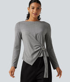 Boat Neck Long Sleeve Tie Side Uneven Hem Casual T-Shirt — Mottled Light Grey — view 1