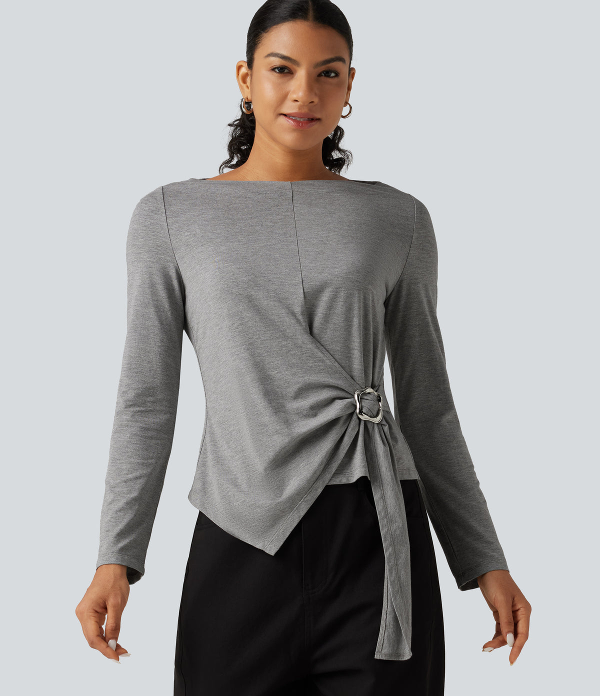 Boat Neck Long Sleeve Tie Side Uneven Hem Casual T-Shirt — Mottled Light Grey — view 1
