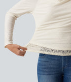One Shoulder Long Sleeve 2-in-1 Contrast Lace Casual Top — Jet Stream — view 7