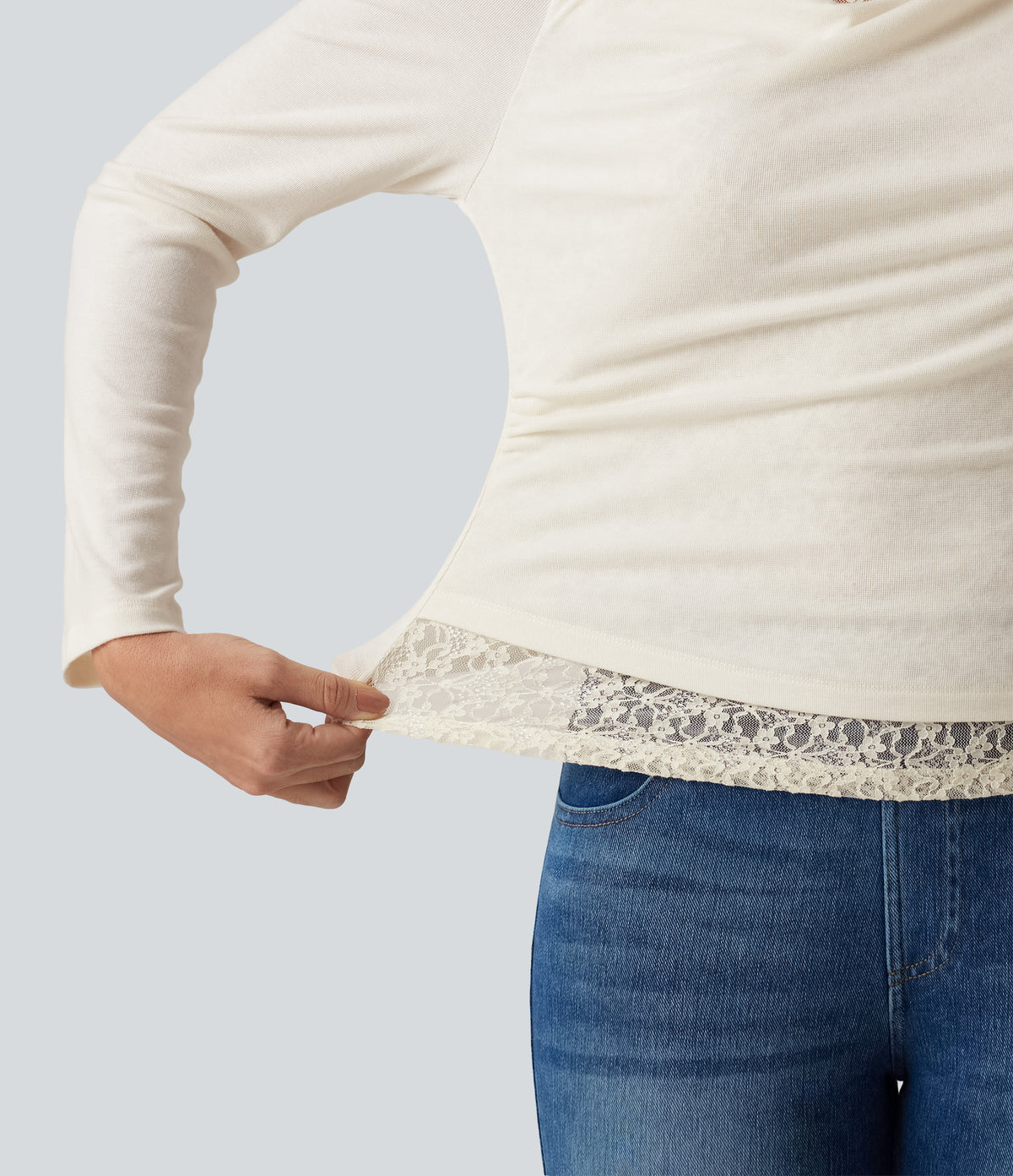 One Shoulder Long Sleeve 2-in-1 Contrast Lace Casual Top — Jet Stream — view 7