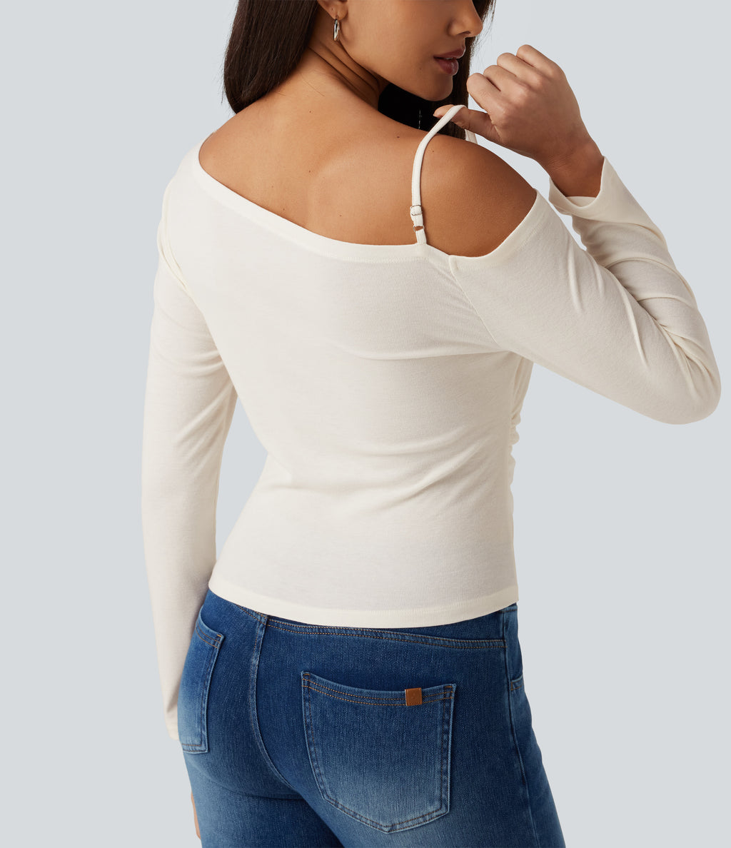 One Shoulder Long Sleeve 2-in-1 Contrast Lace Casual Top — Jet Stream — view 6