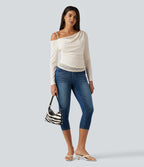 One Shoulder Long Sleeve 2-in-1 Contrast Lace Casual Top — Jet Stream — view 8