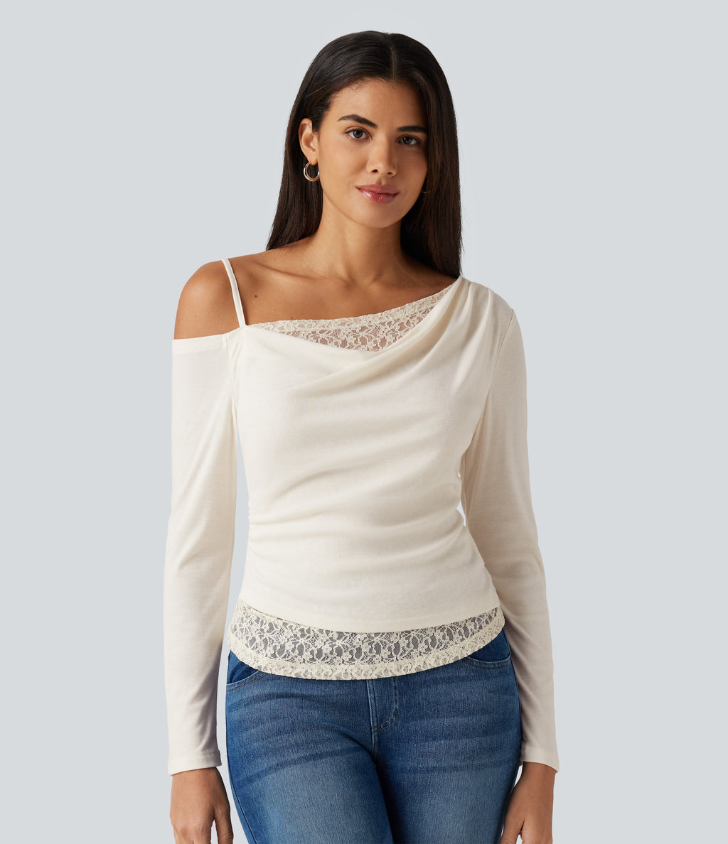 One Shoulder Long Sleeve 2-in-1 Contrast Lace Casual Top — Jet Stream — view 4
