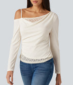One Shoulder Long Sleeve 2-in-1 Contrast Lace Casual Top — Jet Stream — view 5