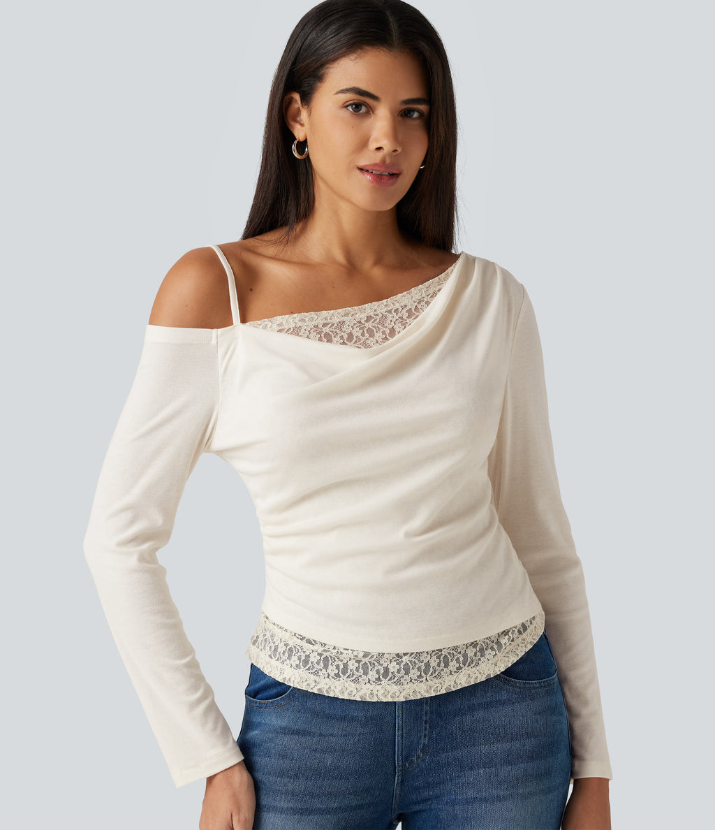 One Shoulder Long Sleeve 2-in-1 Contrast Lace Casual Top — Jet Stream — view 1