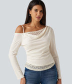 One Shoulder Long Sleeve 2-in-1 Contrast Lace Casual Top — Jet Stream — view 1
