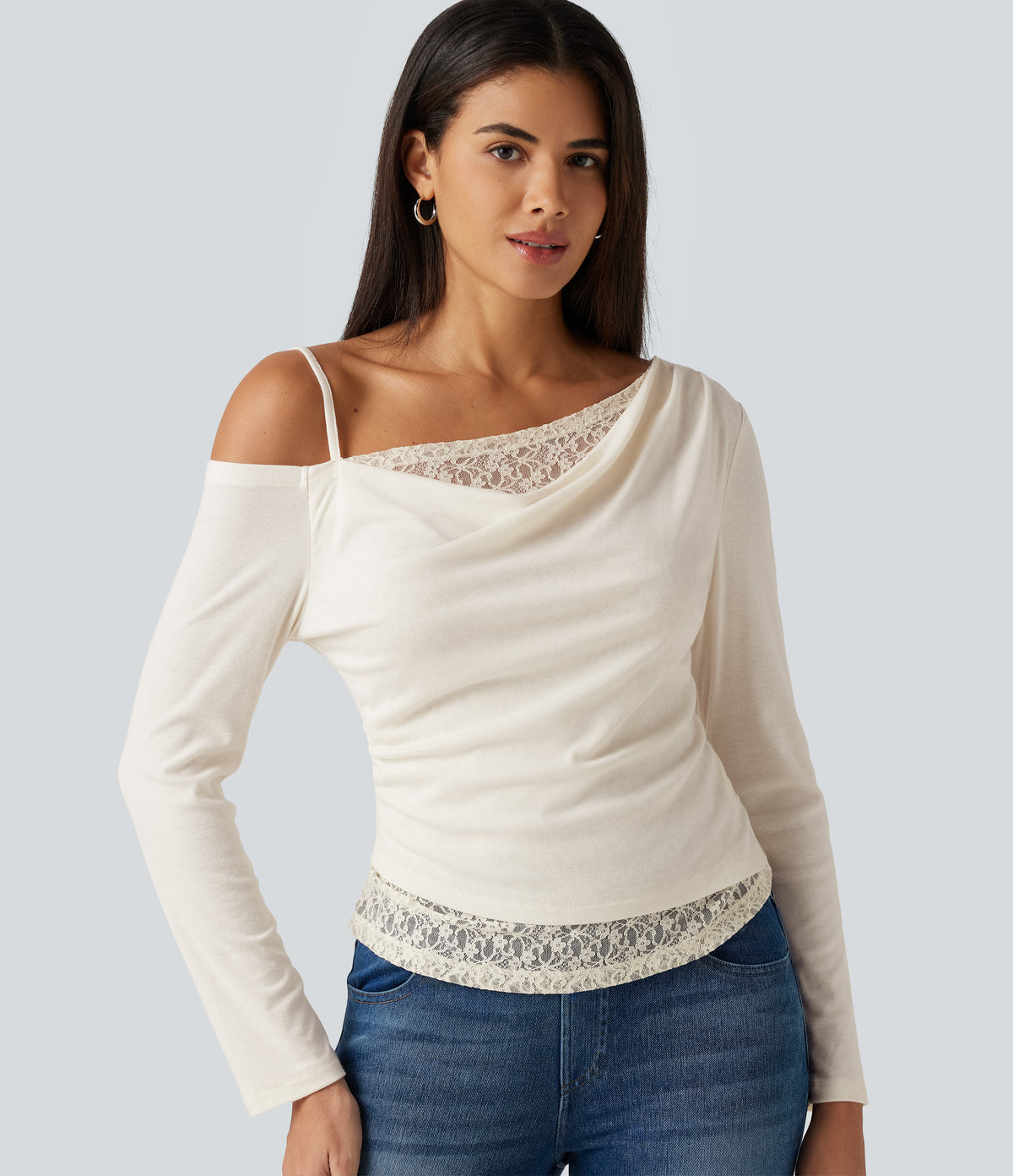 One Shoulder Long Sleeve 2-in-1 Contrast Lace Casual Top — Jet Stream — view 1