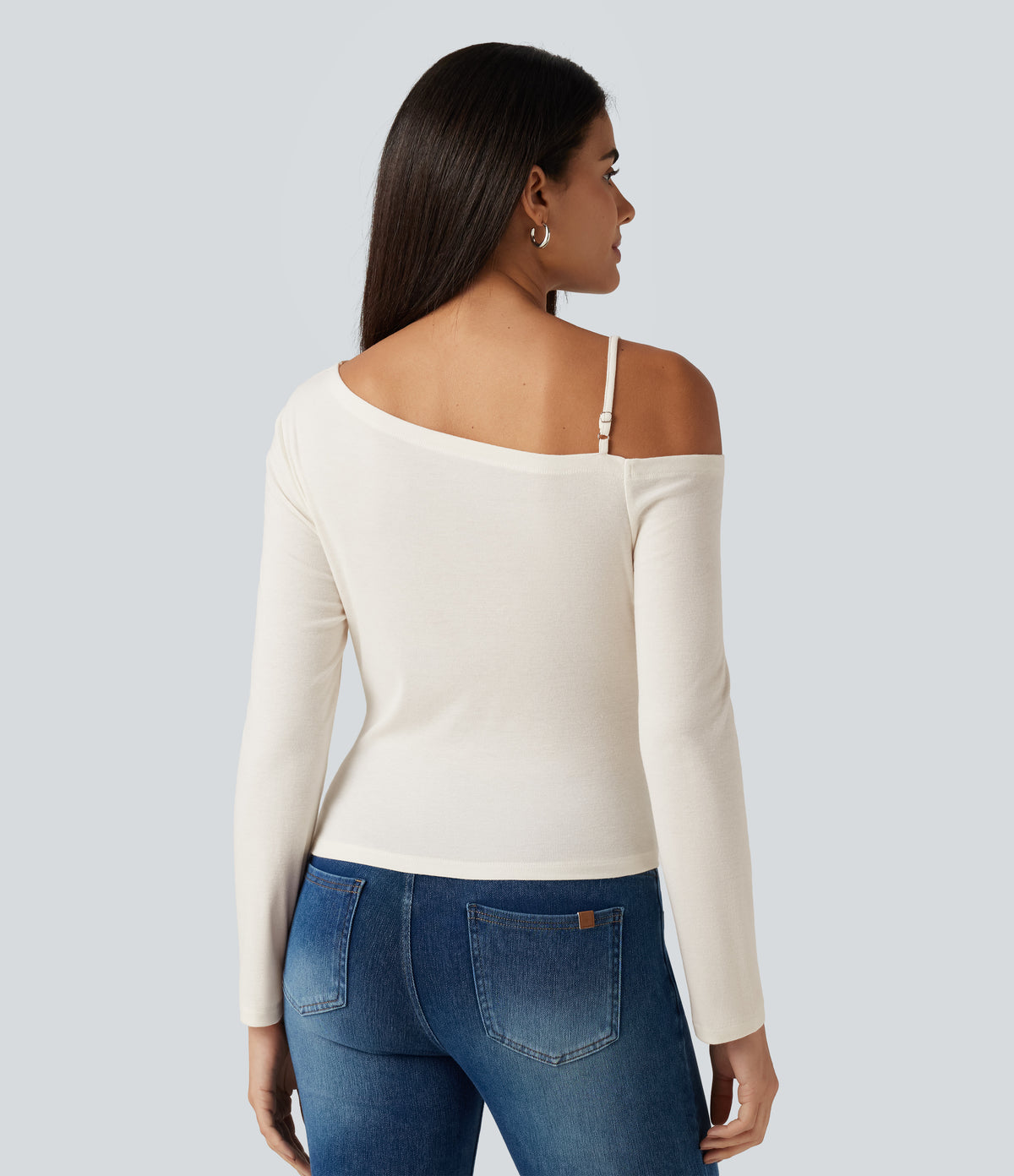 One Shoulder Long Sleeve 2-in-1 Contrast Lace Casual Top — Jet Stream — view 2