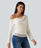 One Shoulder Long Sleeve 2-in-1 Contrast Lace Casual Top — Jet Stream — view 3