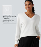 V Neck Long Sleeve Waffle Yoga Top — White — view 1