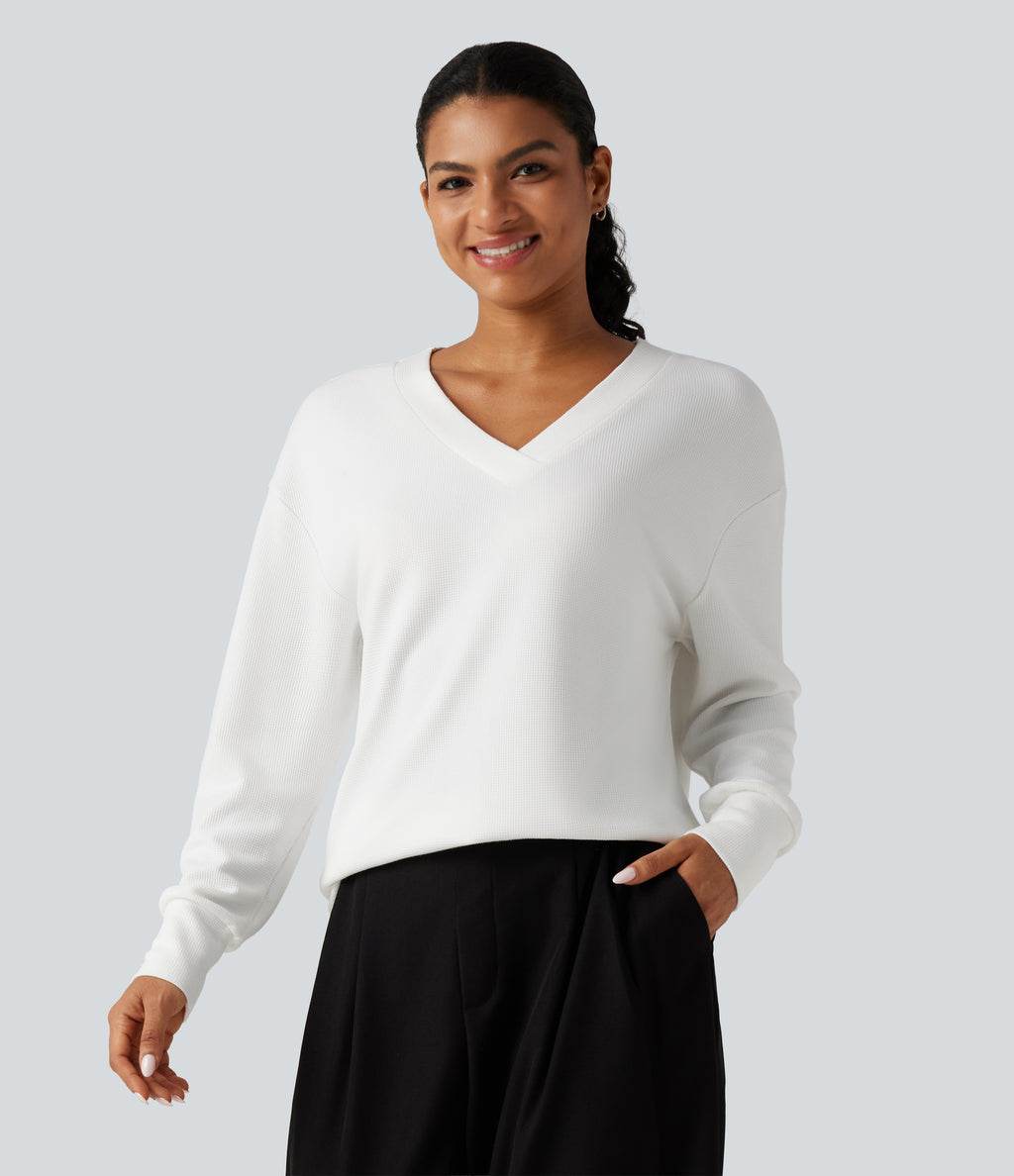V Neck Long Sleeve Waffle Yoga Top — White — view 3
