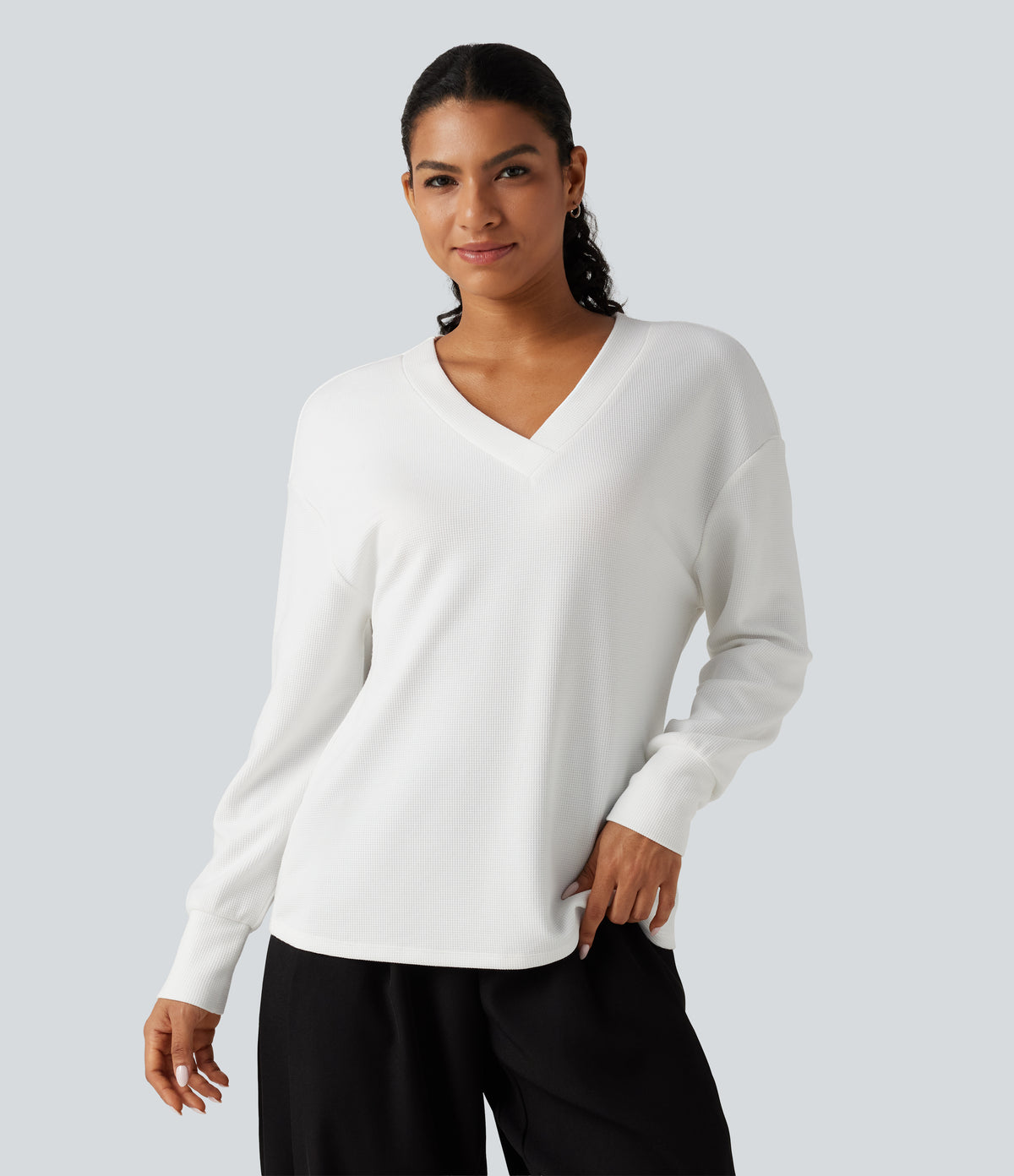 V Neck Long Sleeve Waffle Yoga Top — White — view 4