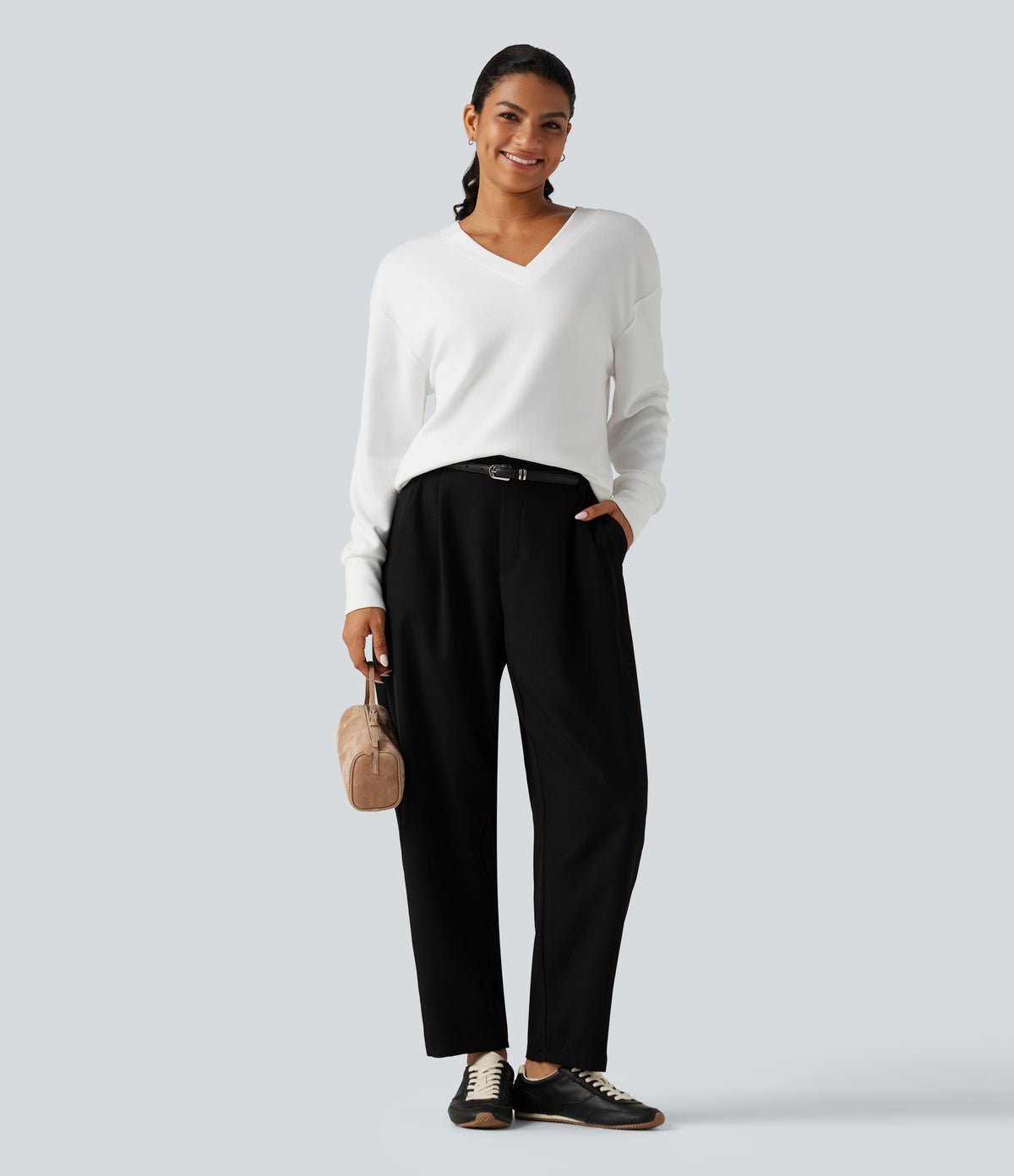 V Neck Long Sleeve Waffle Yoga Top — White — view 6