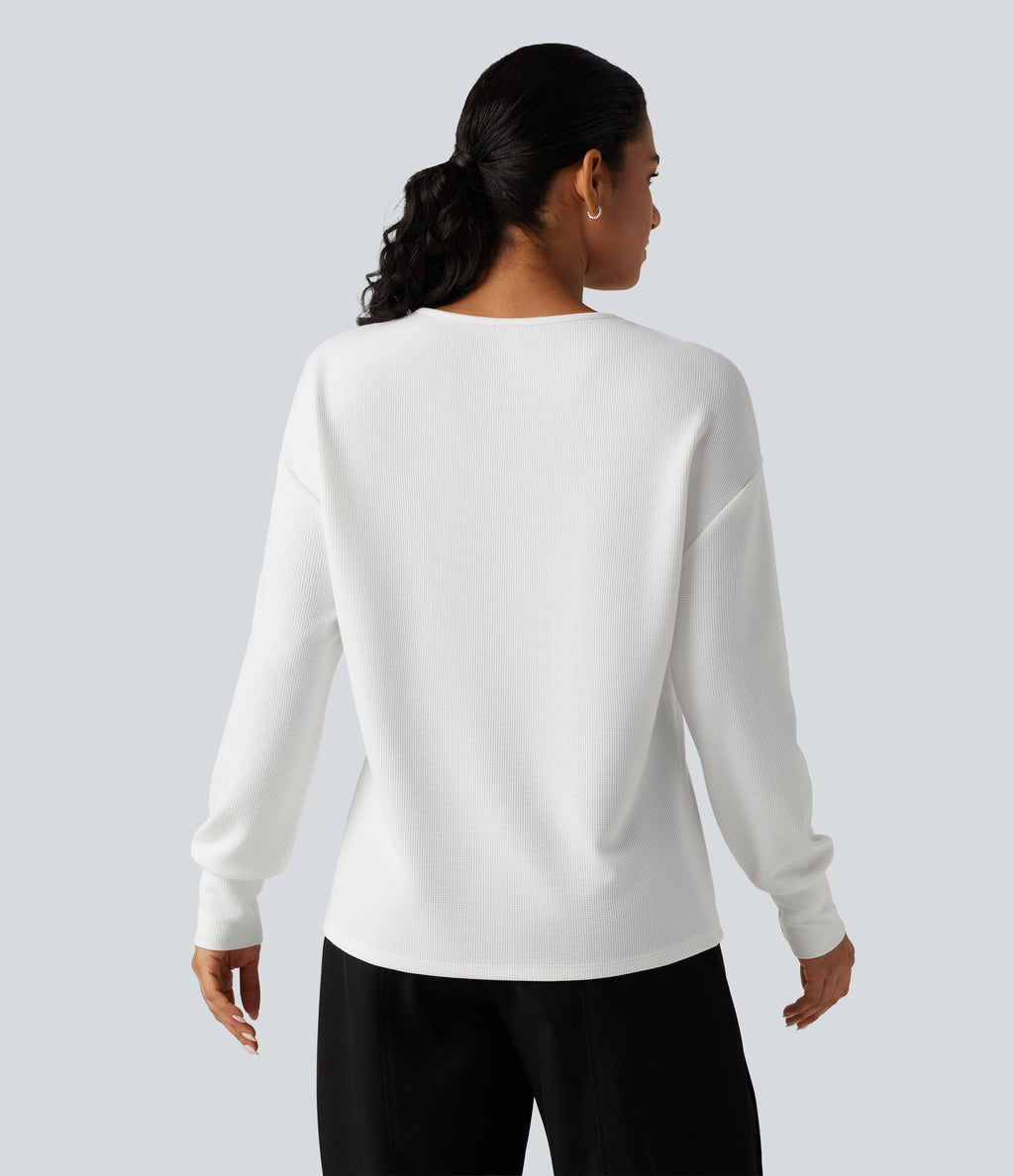 V Neck Long Sleeve Waffle Yoga Top — White — view 2