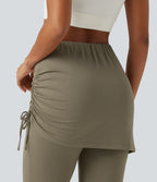 High Waisted Tie Side Ruched Casual Skirted Leggings with Pocket — Dusky Green — view 4