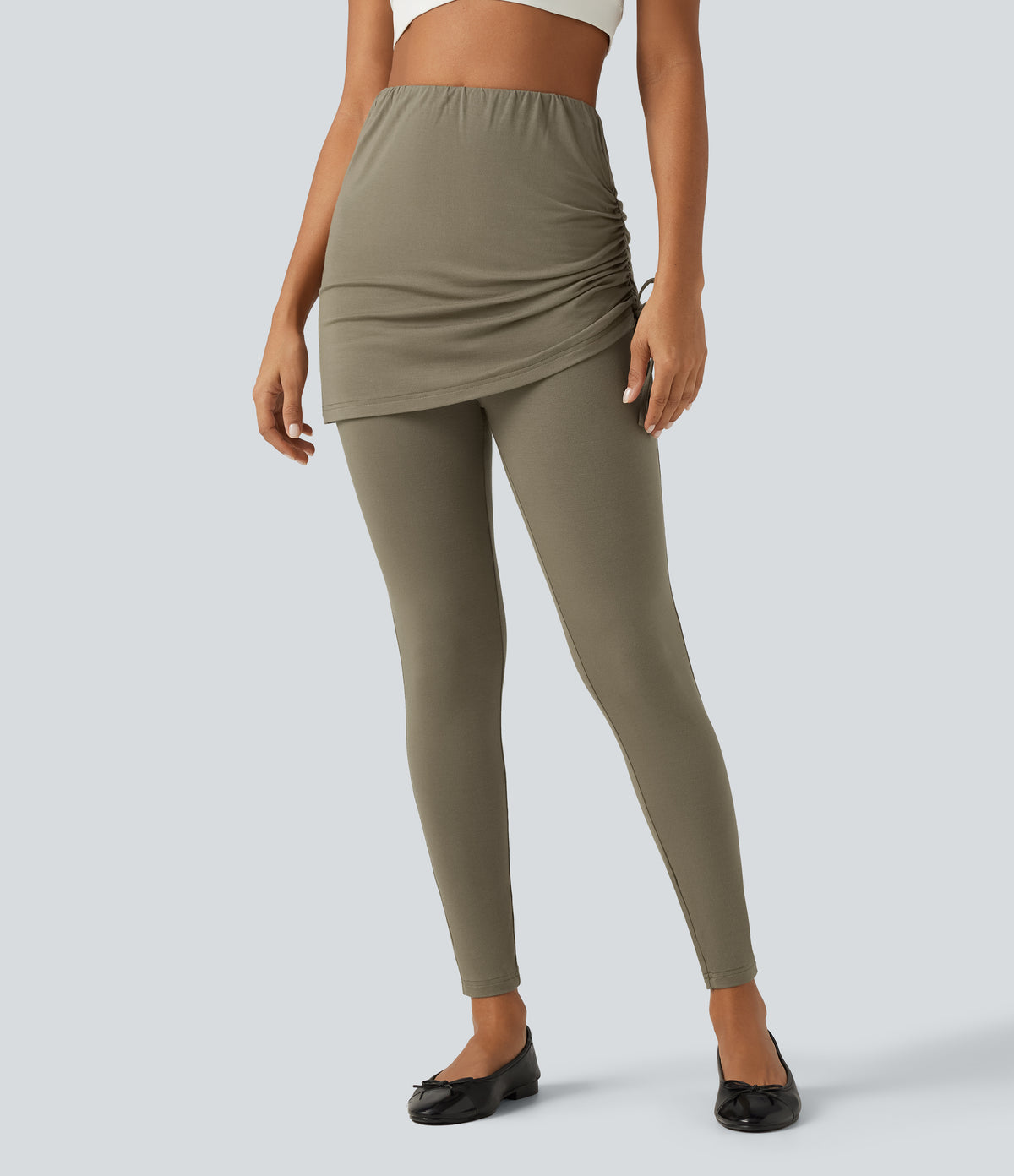 High Waisted Tie Side Ruched Casual Skirted Leggings with Pocket — Dusky Green — view 1