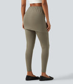 High Waisted Tie Side Ruched Casual Skirted Leggings with Pocket — Dusky Green — view 2