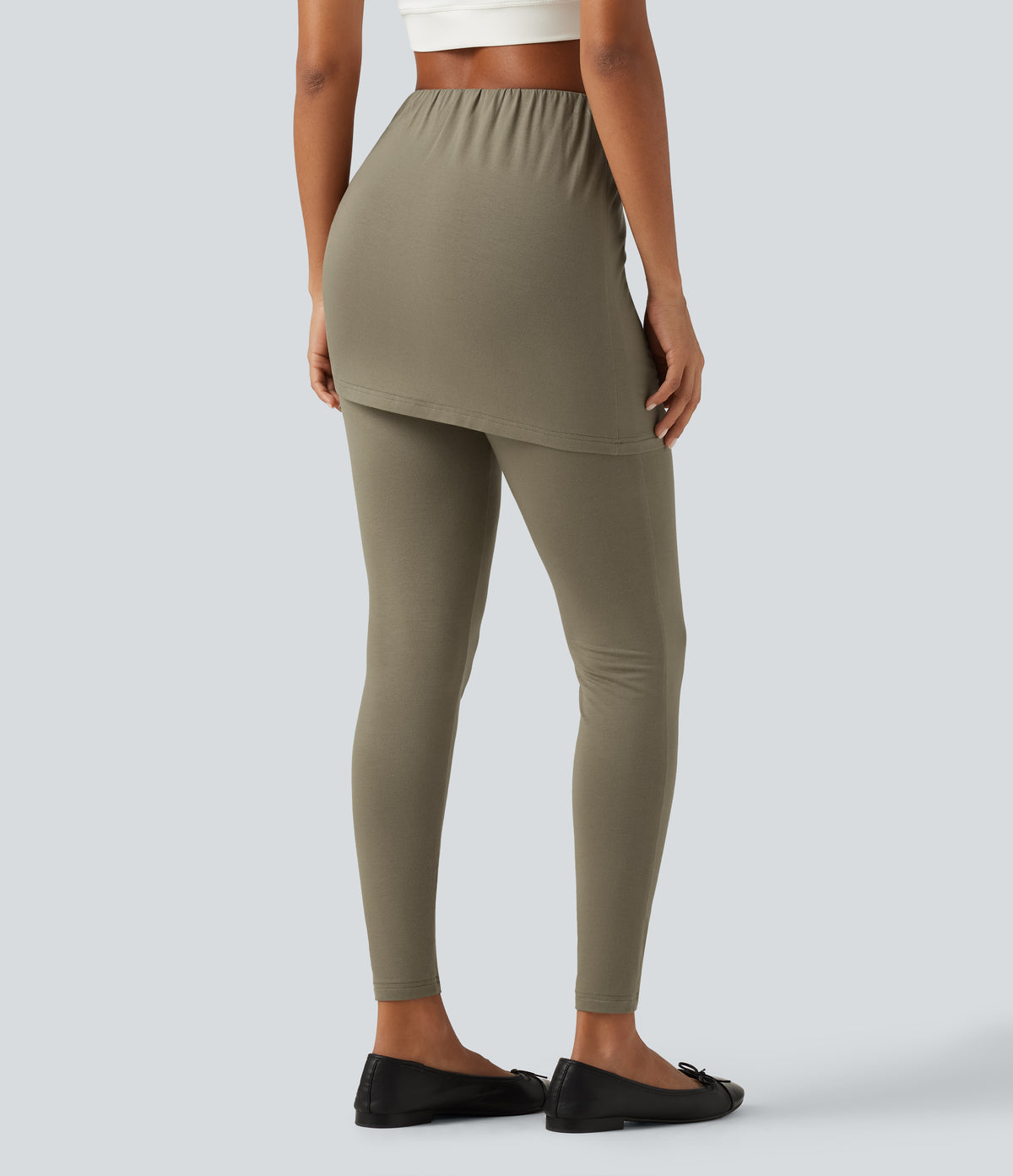 High Waisted Tie Side Ruched Casual Skirted Leggings with Pocket — Dusky Green — view 2