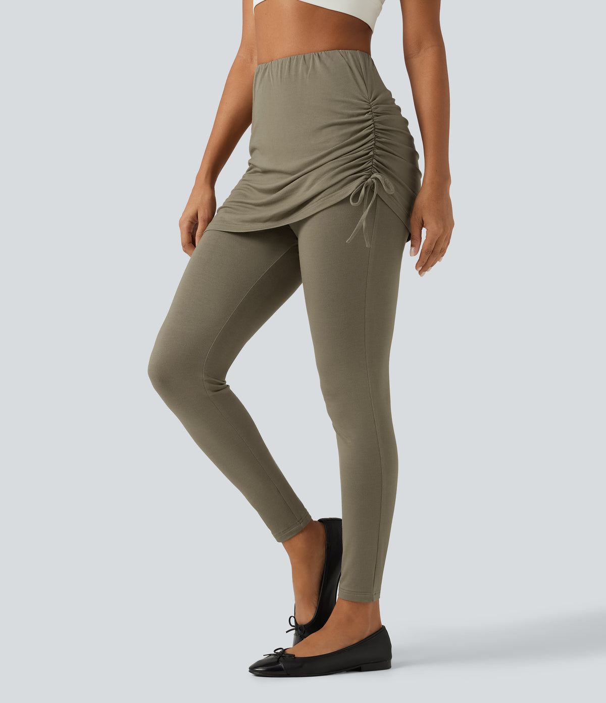 High Waisted Tie Side Ruched Casual Skirted Leggings with Pocket — Dusky Green — view 3