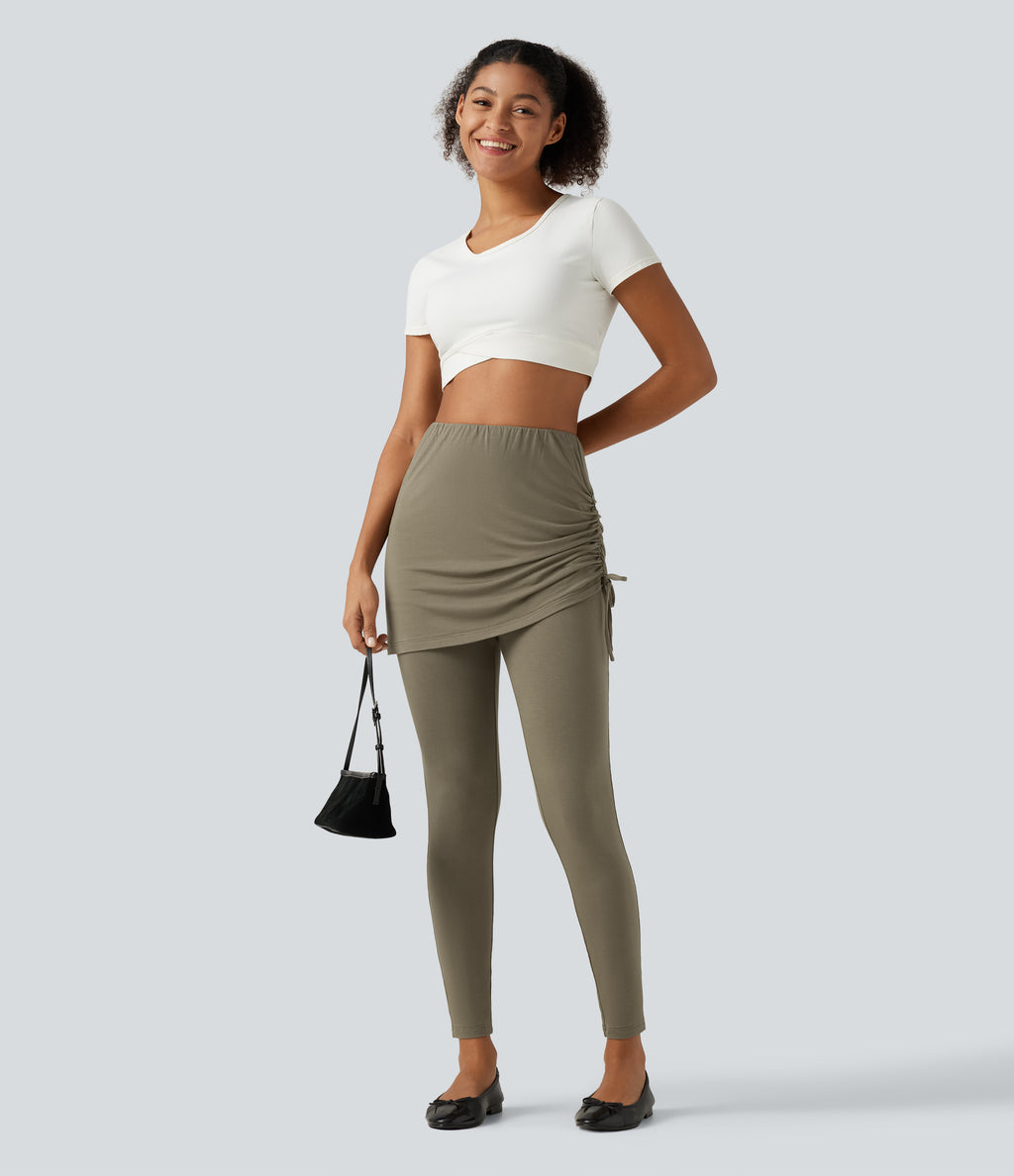 High Waisted Tie Side Ruched Casual Skirted Leggings with Pocket — Dusky Green — view 7