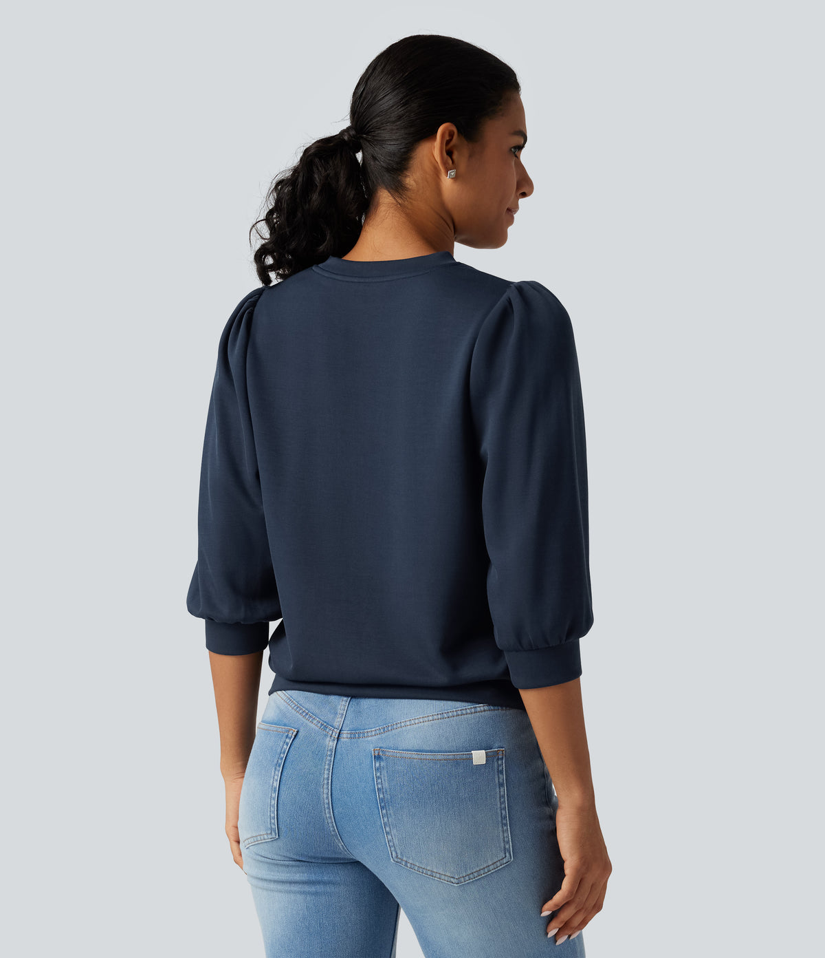 Round Neck Puff 3/4 Sleeve Casual Sweatshirt — Dress Blues — view 2