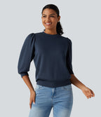 Round Neck Puff 3/4 Sleeve Casual Sweatshirt — Dress Blues — view 4