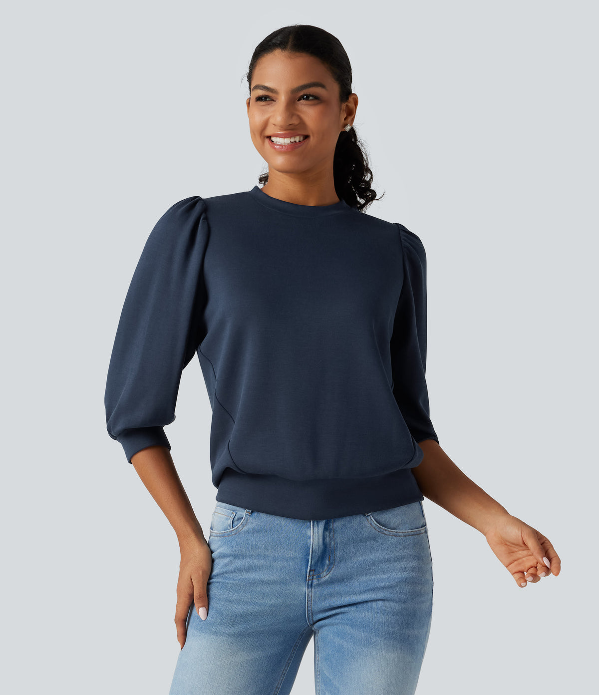 Round Neck Puff 3/4 Sleeve Casual Sweatshirt — Dress Blues — view 4