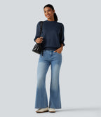 Round Neck Puff 3/4 Sleeve Casual Sweatshirt — Dress Blues — view 7
