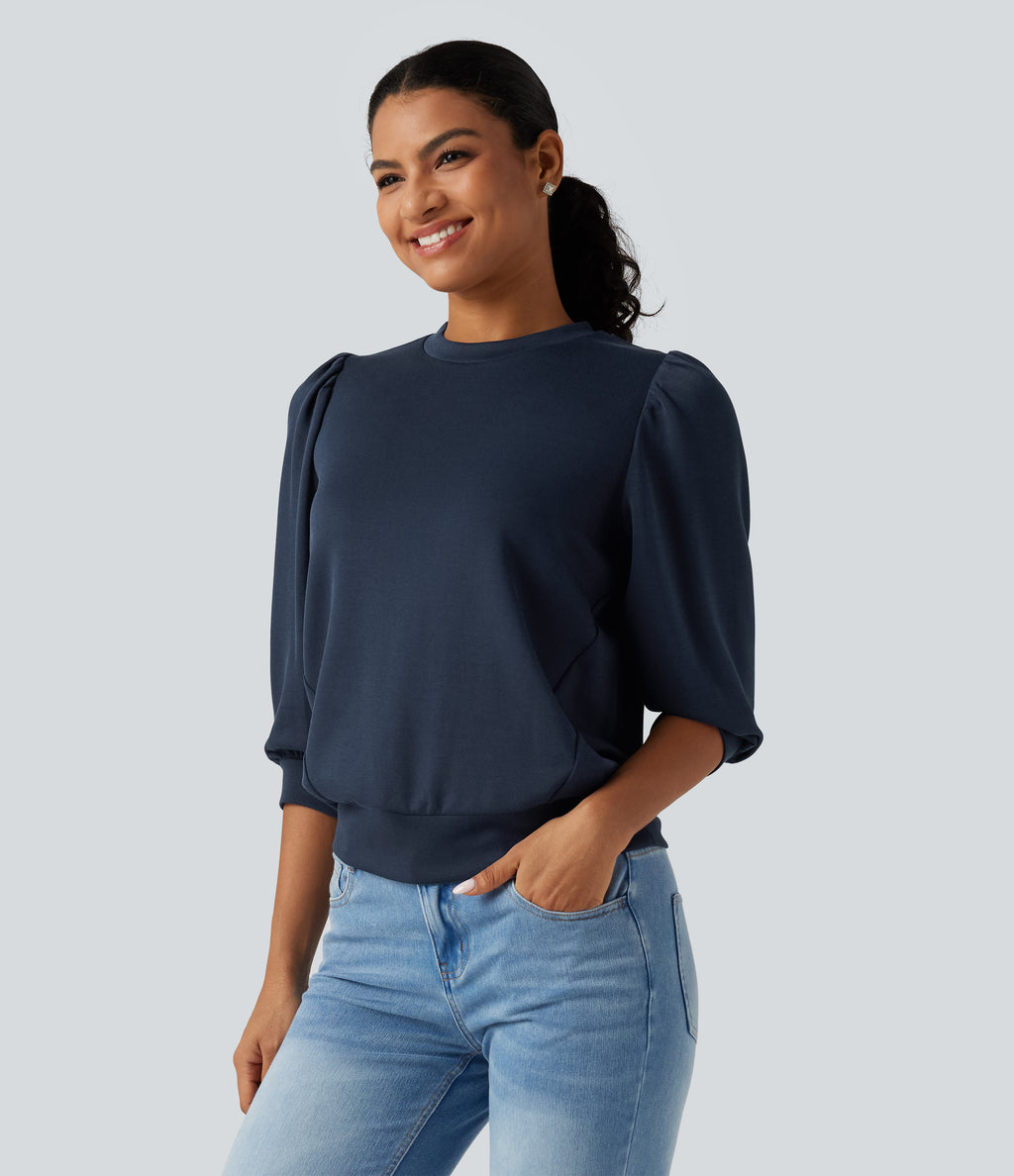 Round Neck Puff 3/4 Sleeve Casual Sweatshirt — Dress Blues — view 3