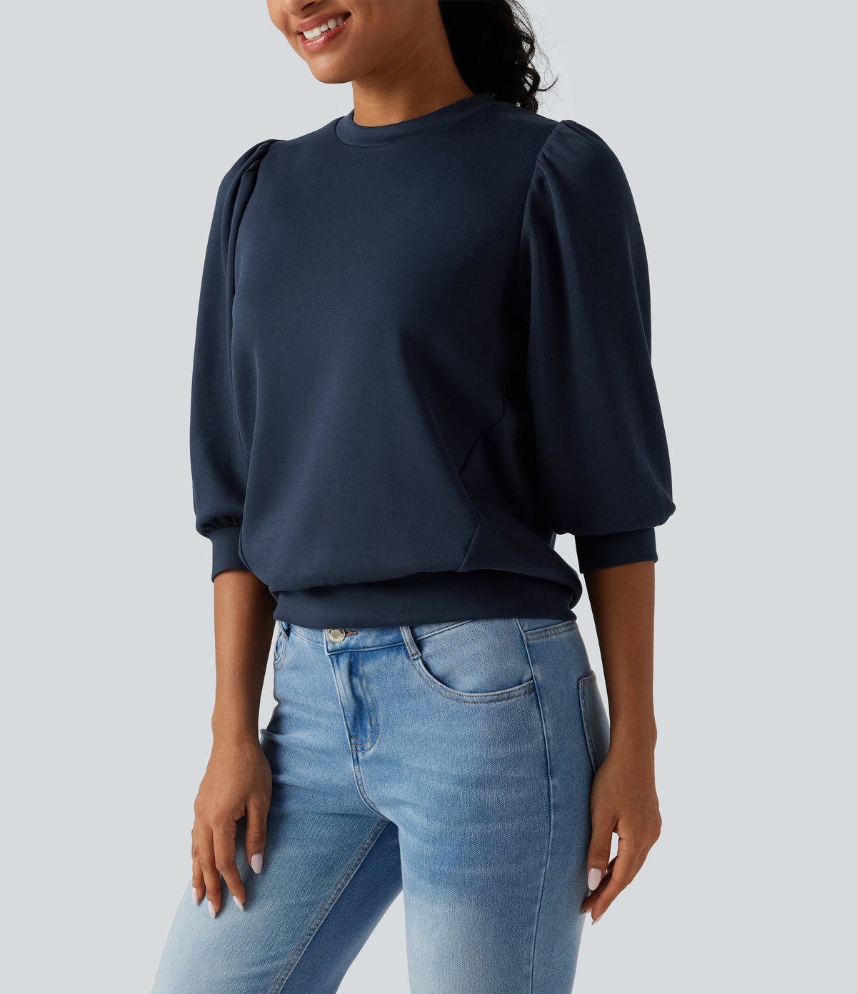 Round Neck Puff 3/4 Sleeve Casual Sweatshirt — Dress Blues — view 5