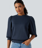 Round Neck Puff 3/4 Sleeve Casual Sweatshirt — Dress Blues — view 1