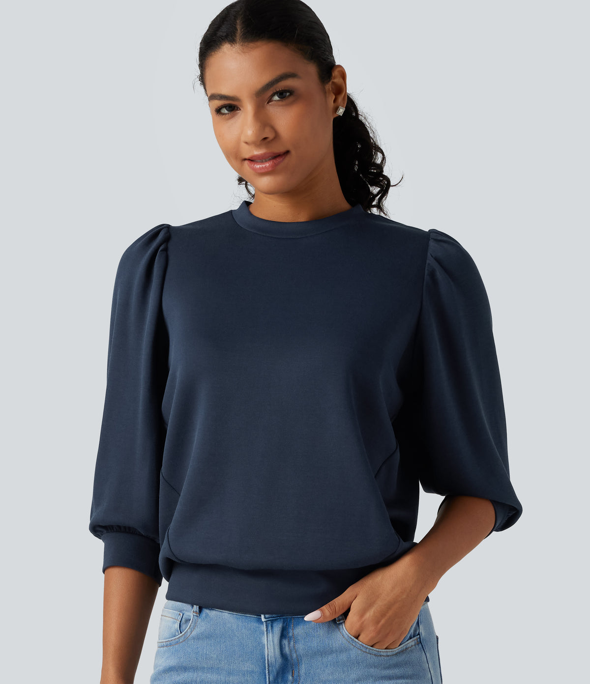 Round Neck Puff 3/4 Sleeve Casual Sweatshirt — Dress Blues — view 1