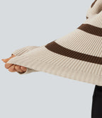 Round Neck Cold Shoulder Long Sleeve Stripe Work Jumper — Walnut Stripe — view 6