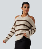 Round Neck Cold Shoulder Long Sleeve Stripe Work Jumper — Walnut Stripe — view 3
