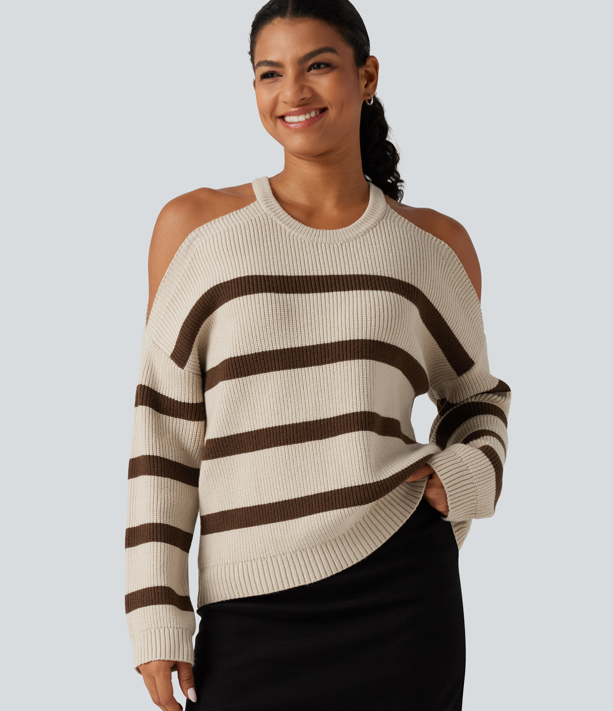 Round Neck Cold Shoulder Long Sleeve Stripe Work Jumper — Walnut Stripe — view 1