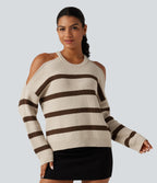 Round Neck Cold Shoulder Long Sleeve Stripe Work Jumper — Walnut Stripe — view 4
